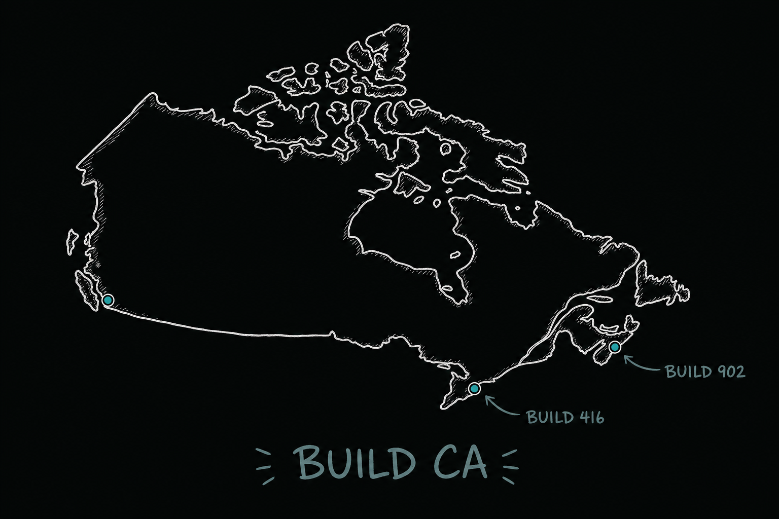 Hand-drawn map of Canada marking BUILD 416 in Toronto and BUILD 902 in Atlantic Canada.